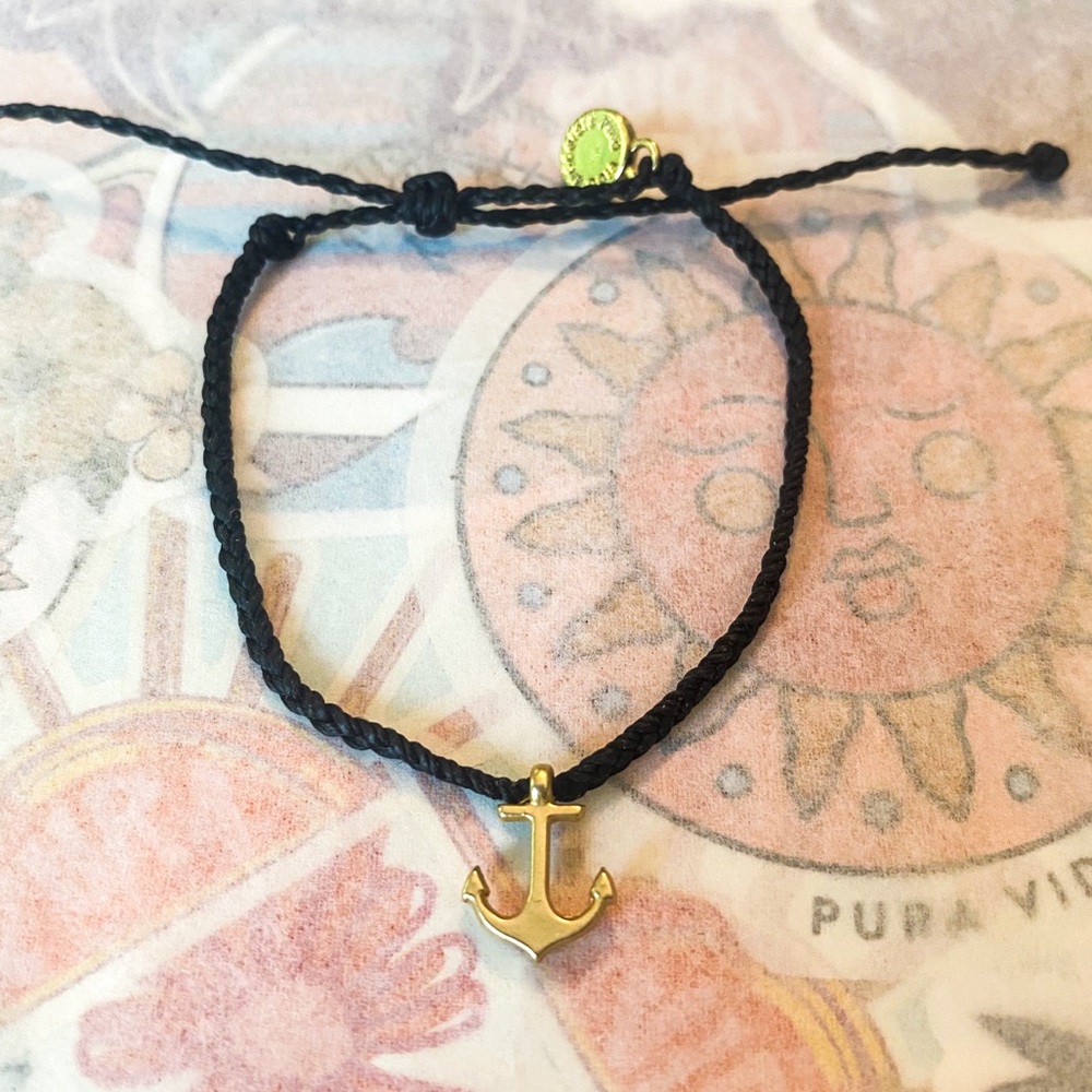 Pura Vida gold anchor black bitty braid bracelet